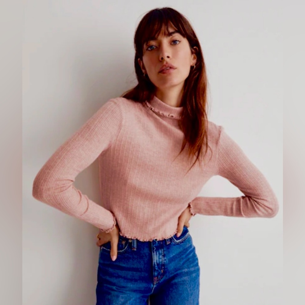 Madewell Turtleneck Pullover Top Lettuce Hem Ribbed Long Sleeves in Pink Size M